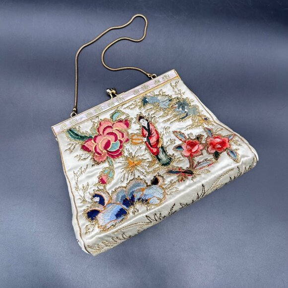 Handbags - Vintage Geisha Embroidered Handbag Purse Floral Silk Chain Handle Mid Century